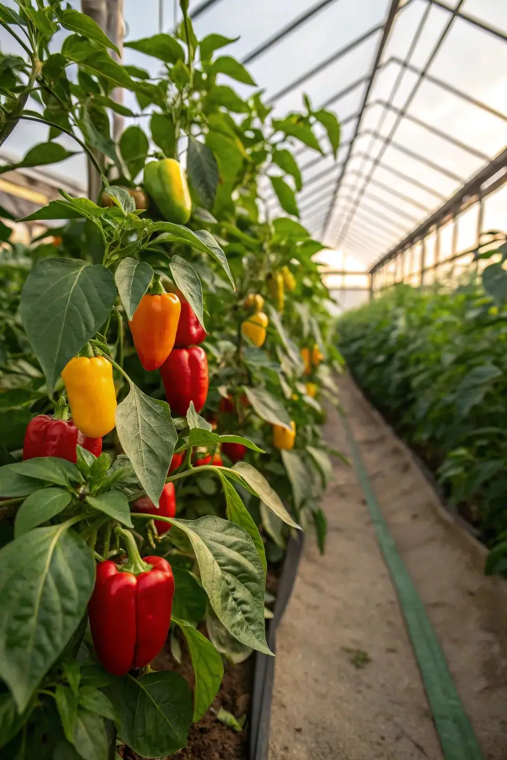 Peppers growing in a greenhouse